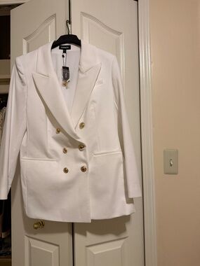 Express Double-Breasted White Blazer with Gold Buttons